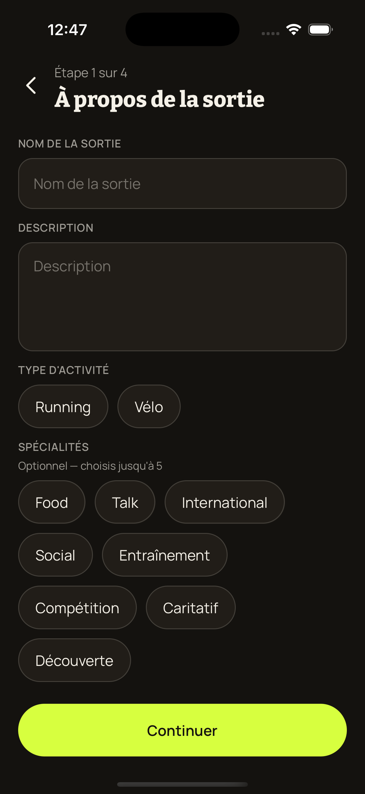 Création d'une sortie en quelques étapes dans l'application GOSO