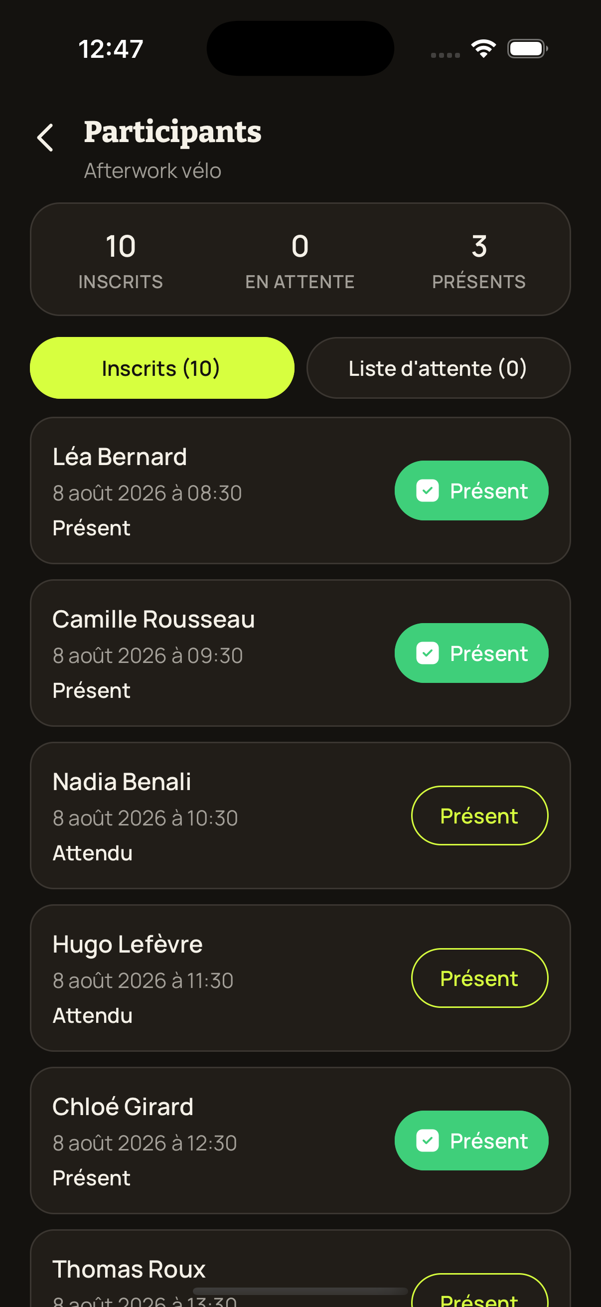Liste des participants inscrits à une sortie, avec suivi des présences