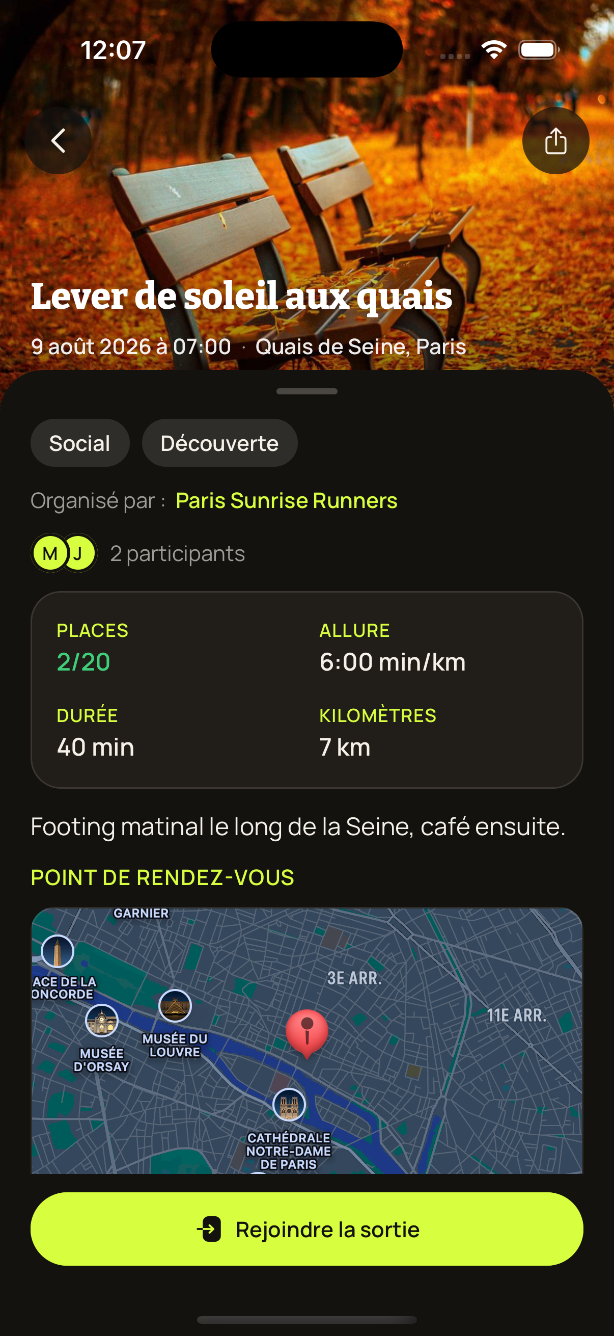 Détail d'un évènement GOSO avec les infos, la carte et le bouton pour rejoindre